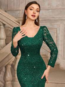 MIUSOL Sequin Floral Lace Deep V-Neck Long Sleeve Mesh Fishtail Hem Maxi Evening Party Dress - Dark Green - View 11