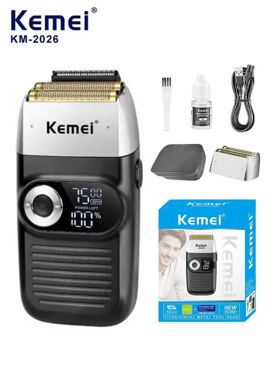 Kemei KM-2026/2027 Men's Electric Shaver, Professional Reciprocating Shaver For Wet & Dry Use, Beard Trimmer, USB Rechargeable, Replacement Blades & Shaver Head, 1pc