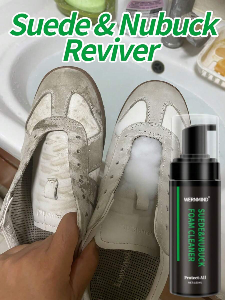 麂皮鞋清洁套装，泡沫清洁剂 - 带刷子 - 专业免水织物清洁剂，适用于德克森鞋、麂皮鞋、磨砂运动鞋，清新织物。使用方便。甘油基底。不含表面活性剂。