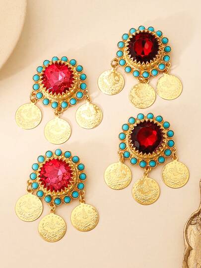 2pcs Tassel Round Coin Brooches, Inlaid With Faux Pearl, Turquoise And Rhinestone Decor. Classic Middle Eastern (Saudi Arabia, Kuwait) Pattern, Suitable For Women's Daily And Special Occasions Wear