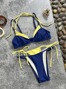 Bộ bikini thời trang thường ngày phong cách vintage màu xanh & vàng cho nữ, phù hợp cho kỳ nghỉ, lễ hội âm nhạc, World Cup, Kentucky Derby - vàng xanh - Xem 6
