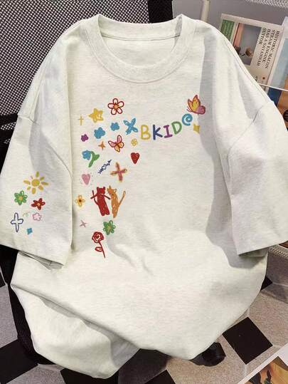 Women's Loose Fit Round Neck Short Sleeve Letter & Floral Print T-Shirt, Spring/Summer Casual