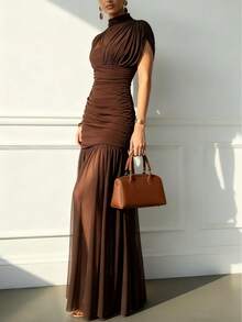 Solid Color Elegant Sexy Party Mesh Ruffle Splice Pleated Hem Dress, Suitable For Beach, Evening Date, Wedding, Birthday Party, Spring/Summer - Brown - View 3