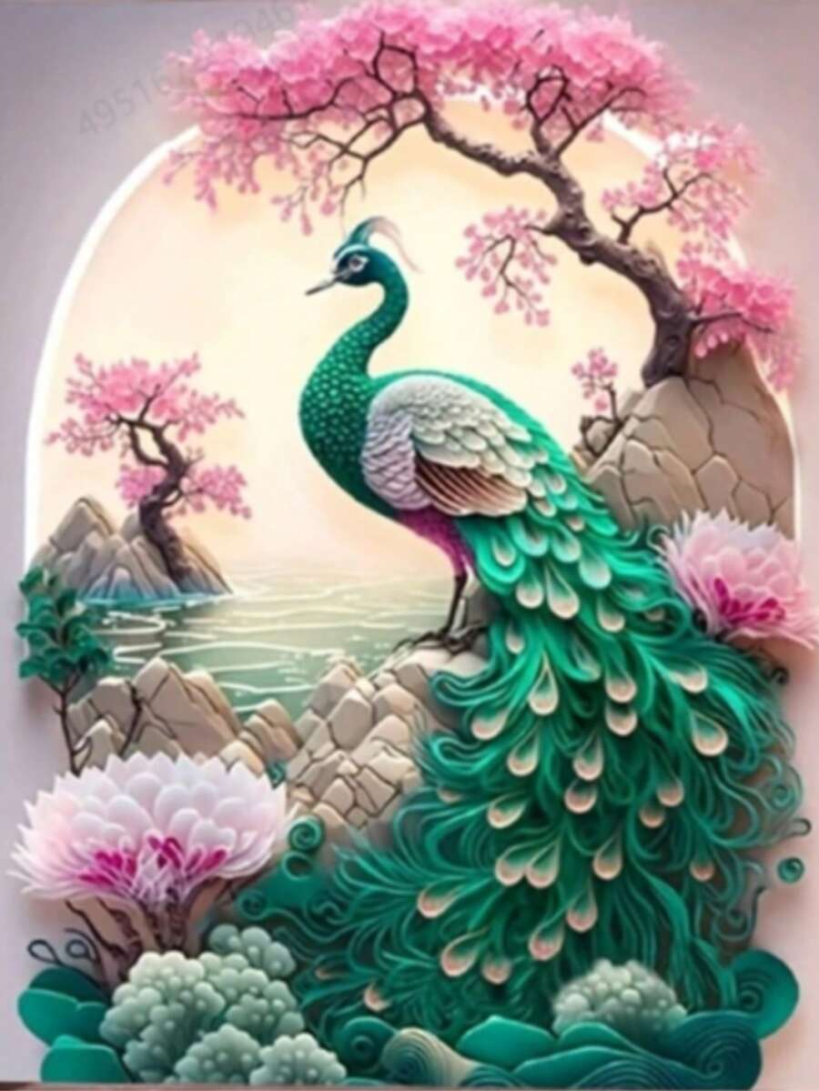 1套孔雀风景钻石画套装,5D DIY马赛克钻石艺术,手工钻石刺绣工具和材料,适合成人/初学者/爱好者,墙面艺术装饰礼品,家居装饰(圆形钻石珠) - 圓鑽 - 查看 1