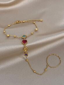 1条18K镀金多色心形指链手链，不锈钢材质，女士饰品，适合情人节、派对、庆典、日常佩戴、约会、嘉年华、新年、婚礼、海滩、周年纪念日等场合，也是优雅的母亲节礼物和波西米亚风伴娘礼物。 - 彩色 - 查看 7