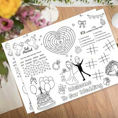 10pcs Wedding Welcome Mat And Coloring Cards, Interactive Wedding Theme Puzzles, Number Games, Heart And Cake Patterns, Paper Made, Suitable For Wedding Party Favors And Guest Entertainment, Wedding Supplies