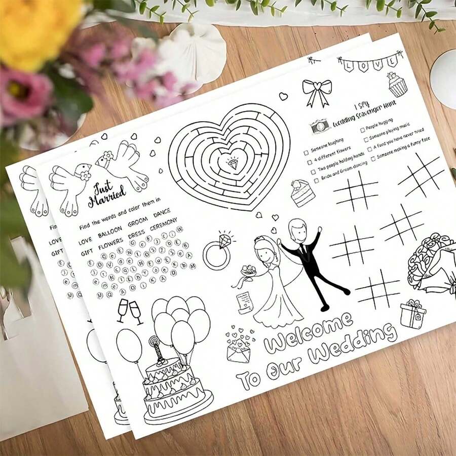 10件套婚礼迎宾垫和涂色卡片，互动式婚礼主题拼图，数字游戏，心形和蛋糕图案，纸质，适合婚礼派对回礼和宾客娱乐，婚礼用品