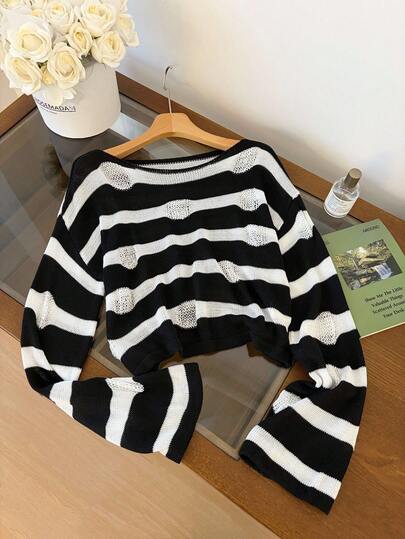1pc Striped Contrast Color Polka Dot Hollow Design Loose Flattering Haut Women Fashionable Long Sleeve Versatile High-End Knit Sweater For Women