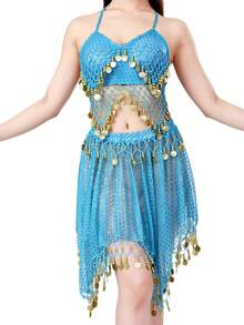一套女士肚皮舞服装，包括雪纺薄纱亮片流苏裙和手工亮片珠饰流苏系带露背上衣，亮片裙采用纱丽风格，适合锐舞派对、狂欢节表演。也适合节日、派对、夜店、海滩、异域风情服饰装饰、波西米亚风、复古风等场合。 - 彩色 - 查看 18