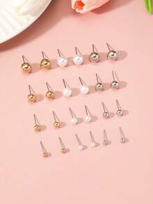 24pcs Set Resin Pearl Inlaid Earrings, Elegant High-End Luxury Earring Jewelry Set - Multicolor - View 2
