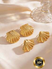 4 Pieces, Women's Golden Shell Earrings, Summer Bohemian Textured Wave Earrings - 18K Gold-Plated Irregular And Exaggerated Fashion Shell Women's Earrings, Fashionable Jewelry Gifts, Suitable For Daily Wear, Birthday Parties And Gatherings - Gold - View 2