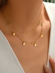 LIEBEIRIS 1 chiếc vòng tay bằng thép không gỉ mạ vàng 18K, mặt dây chuyền hình đĩa hai lớp tối giản, thích hợp cho nữ giới đeo hàng ngày và làm quà tặng. - Vàng - Xem 1