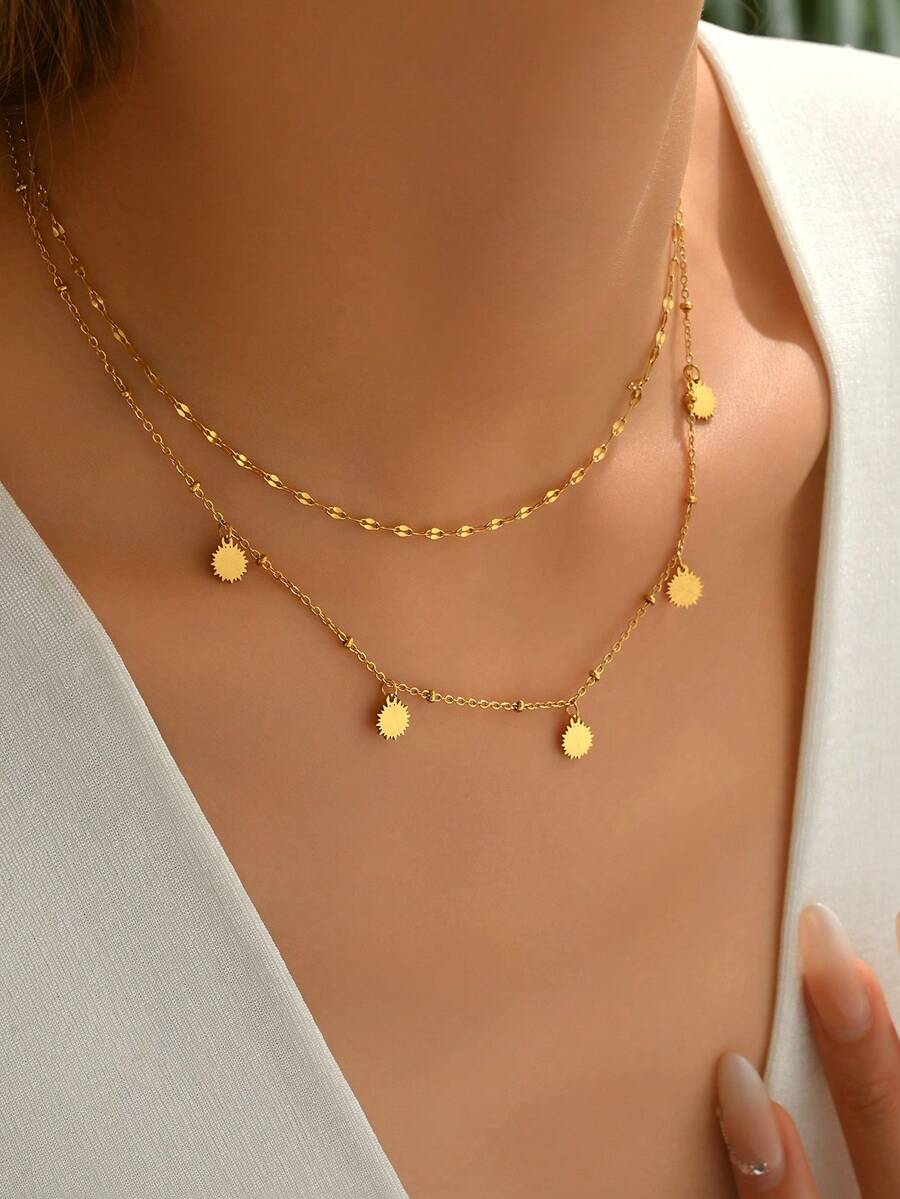 LIEBEIRIS 1 chiếc vòng tay bằng thép không gỉ mạ vàng 18K, mặt dây chuyền hình đĩa hai lớp tối giản, thích hợp cho nữ giới đeo hàng ngày và làm quà tặng. - Vàng - Xem 1