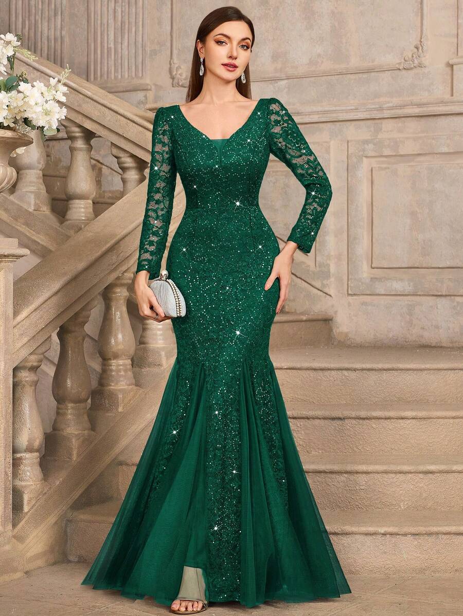 MIUSOL Sequin Floral Lace Deep V-Neck Long Sleeve Mesh Fishtail Hem Maxi Evening Party Dress