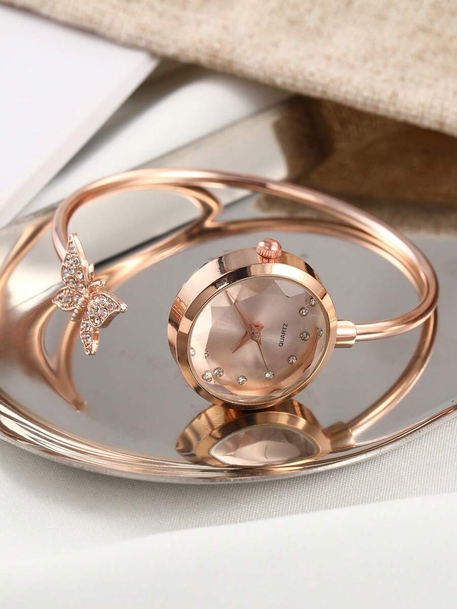 SOKI 女款水鑽蝴蝶開口式石英手錶，玫瑰金色小圓面多面水晶錶盤手鍊錶，優雅知性正裝錶，適合約會、派對與生日禮物