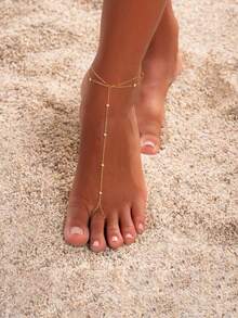 A Gold Bead Y-Shaped Chain Layered Ankle Chain, Bohemian Style Personalized Toe Chain Versatile Accessory - Round Anklet - View 1