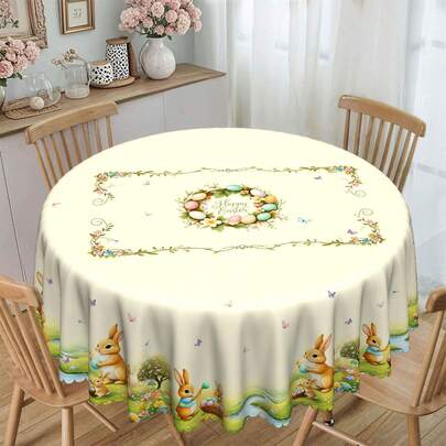 1pc Easter Theme Tablecloth, Polyester Round And Rectangular Tablecloth, Suitable For Family Dining And Party Decoration, Spring Theme Pastoral Floral Rabbit Egg Pattern Design, Perfect For Family Gatherings, Parties, Holidays, Coffee Tables, Tea Tables, Dining Tables, Housewarming & Holiday Gifts