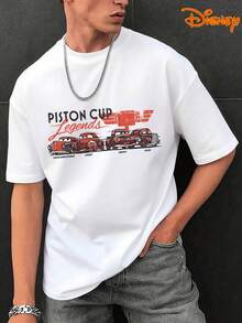 Disney Men's Casual T-Shirt, Piston Cup Legends Print, Nostalgic Racing Design, Relaxed Fit, Ideal For Car Enthusiasts & Daily Streetwear - 白色 - 查看 1
