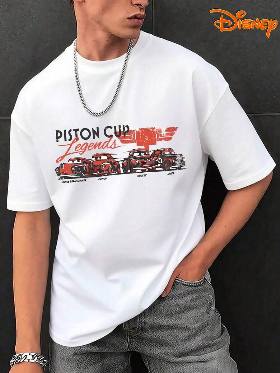 Disney Men's Casual T-Shirt, Piston Cup Legends Print, Nostalgic Racing Design, Relaxed Fit, Ideal For Car Enthusiasts & Daily Streetwear - 白色 - 查看 1