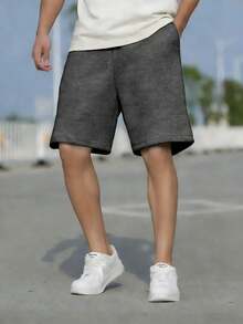 2件組青少年男孩夏季休閒戶外百搭直筒膝蓋長度短褲，黑色與灰色 - 彩色 - 查看 5