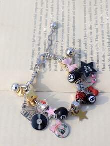 1pc Music Star Girl Charm Bracelet, Black Lucky Bracelet, Disco Ball Music Bracelet, Music Festival Headphone Guitar Bracelet, Retro Bow Bracelet - Silver - View 10