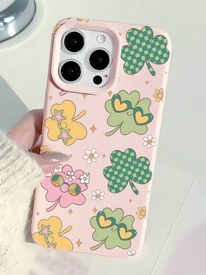 Flower 1pc Cute Cartoon Four-Leaf Clover Pattern Pink Liquid Soft Phone Case Compatible With IPhone 16/16Pro/16Plus/15/15ProMax/15Pro/11/12/13/14ProMax/11Pro/11ProMax/12Pro/12ProMax/13Pro/13ProMax/14Pro/14ProMax, Creative Premium Design
