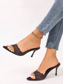 Black Open Toe Mesh Summer New Fashion Stiletto High Heel Sandals, Minimalist Versatile Women's Formal Sandals, Pointed Toe Elegant Stiletto Slide Sandals, Women's High Heel Shoes, Women's Brown High Heel Shoes - Brown - View 5