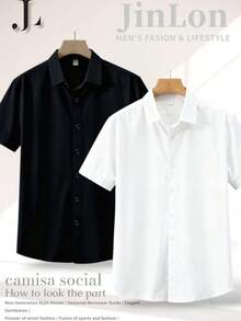 JL KIT 2 Summer Viscose Linen Shirt With Short Sleeves, Breathable And Skin-Friendly, Suitable For Casual Business Or Relaxing Occasions. - Đen-trắng - Xem 1