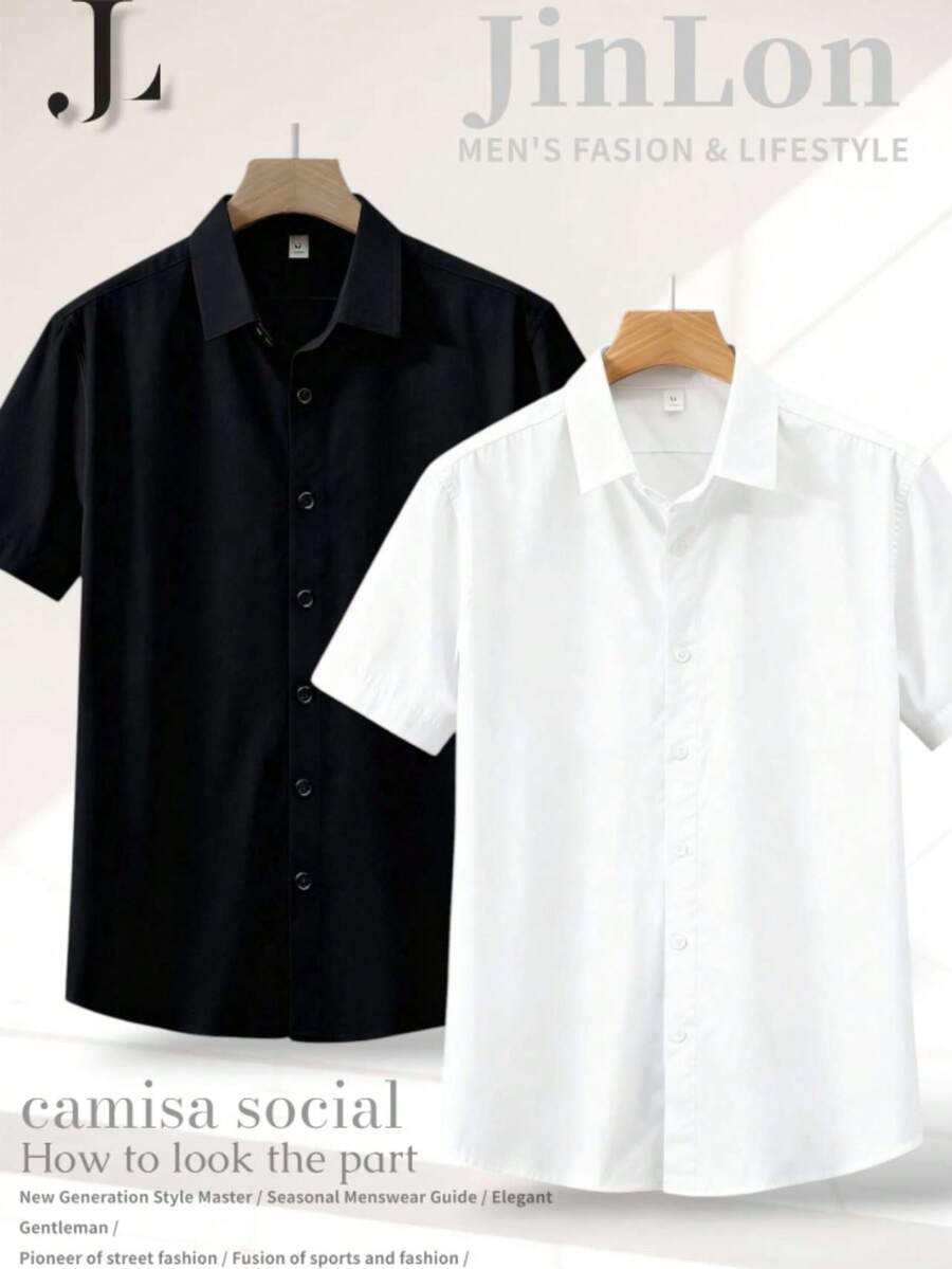 JL KIT 2 Summer Viscose Linen Shirt With Short Sleeves, Breathable And Skin-Friendly, Suitable For Casual Business Or Relaxing Occasions. - Đen-trắng - Xem 1
