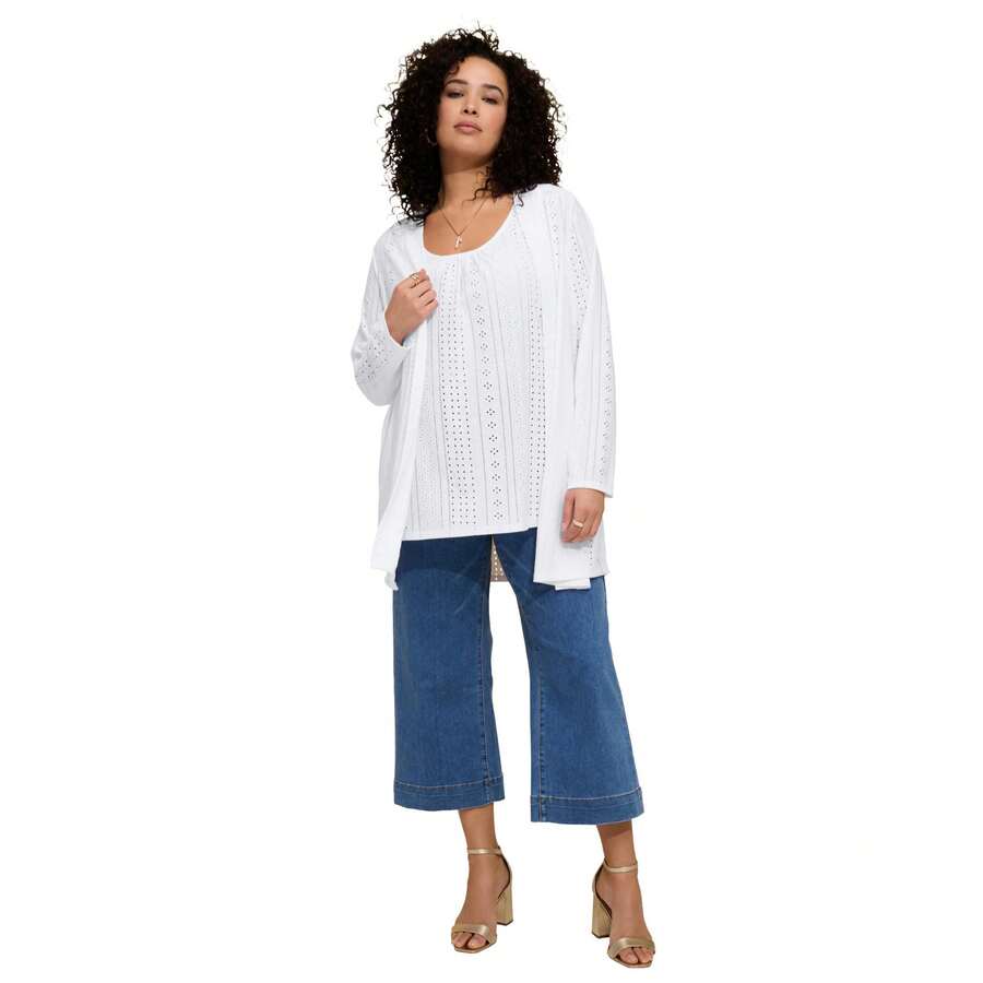 Roaman's Women's Plus Size Eyelet Long Sleeve Cardigan & Tank Set - White - View 1