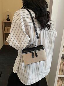 Women's Sophisticated Color-Blocked Canvas Small Square Bag, Retro Style, Perfect For Everyday Shopping Or Commuting, Simple Shoulder Bag. - Black - View 3