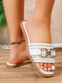 Women's Fashion PU Leather Woven Hollow Square Toe Flat Sandals, Vacation & Home Wear, Summer Metal Buckle Wide Strap Slides - White - View 5