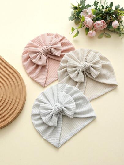 jralon Bộ 3 mũ len dệt kim kẻ sọc có nơ, chất liệu mềm mại, co giãn tốt cho trẻ sơ sinh, phù hợp cho mọi mùa.