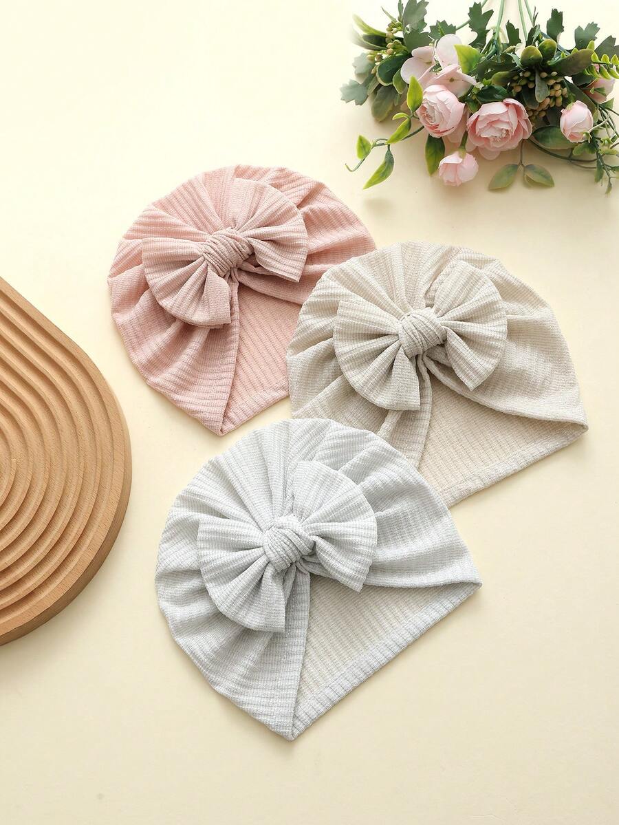 3顶/包 婴儿针织条纹蝴蝶结柔软弹力帽，四季皆宜 - 彩色 - 查看 1