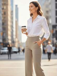 Women's High-Waisted Wide Leg Pants With Pockets - Soft Stretchy Knit Trousers For Yoga, Lounge & Daily Wear | Available In Black, Gray & Khaki | Perfect For Summer Outfits, Spring Outfits & Vacation Outfits Women Love - 1pc 卡其色 - 查看 9