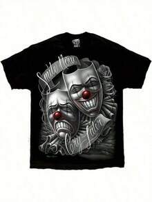 Printed T-Shirt Cotton Plus Size Men's Clothing, Graphic Hoodies Cotton-Shirt Smile Now Cry Later Drama Lowrider Art David Gonzales DGA Shirt Y2K,Oversize Plus Size Men's S To 5XL,Summer Tee ,Y2K,Oversized Shirt Men S-5XL,Summer Tops - Black - View 1