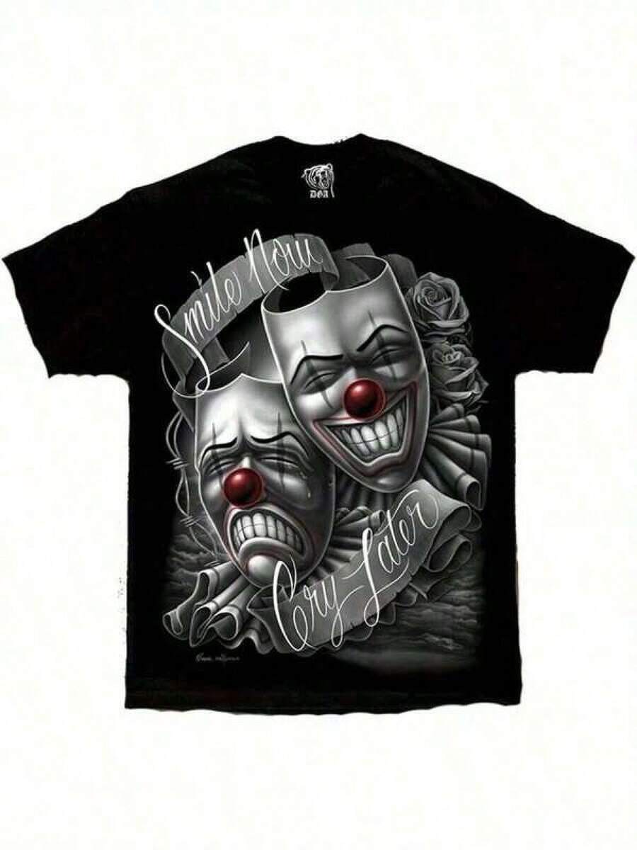Printed T-Shirt Cotton Plus Size Men's Clothing, Graphic Hoodies Cotton-Shirt Smile Now Cry Later Drama Lowrider Art David Gonzales DGA Shirt Y2K,Oversize Plus Size Men's S To 5XL,Summer Tee ,Y2K,Oversized Shirt Men S-5XL,Summer Tops - Black - View 1