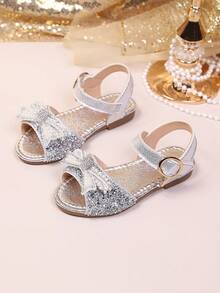 2026 Glitter Pearl Bow Girls Sandals, Silver Sequin Soft Bottom Anti-Slip Crystal Princess Shoes For Summer - Silver - View 1