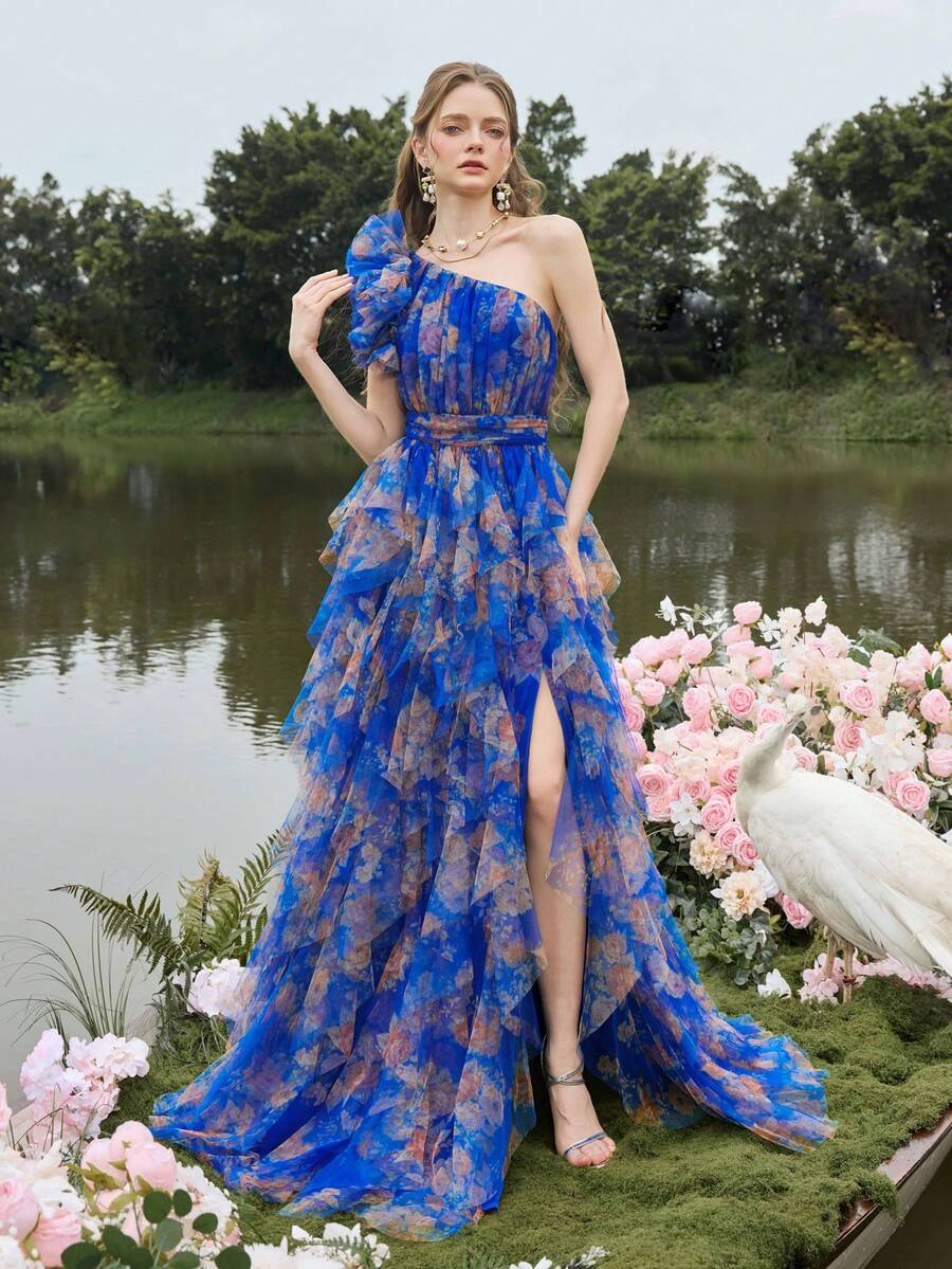 Đầm dài xếp tầng, lệch vai, thanh lịch và quyến rũ, chất liệu lưới, phù hợp cho nhiều dịp, dạ hội, tiệc tùng và kỳ nghỉ. - Xanh đậm - Xem 1