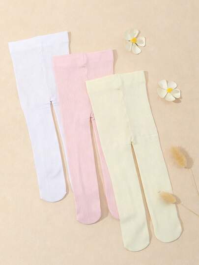 3 Pairs Girls' Basic Solid Color & Thin Stripe Tight Leggings, Breathable Thin Tights For Spring/Autumn, Suitable For Girls' Daily Wear