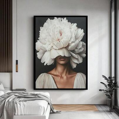 1pc 2D Flat, Abstract Floral Woman Canvas Art, White Floral Woman Canvas Print, Woman Wrapped In White Roses, Modern Floral Wall Decor, Wall Art