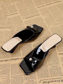Sandalias de tacón alto negro con decoración de perlas y punta cuadrada para mujer, sandalias tipo mula versátiles y casuales para el verano - Negro - Ver 3
