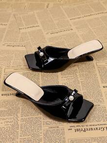 Sandalias de tacón alto negro con decoración de perlas y punta cuadrada para mujer, sandalias tipo mula versátiles y casuales para el verano - Negro - Ver 2