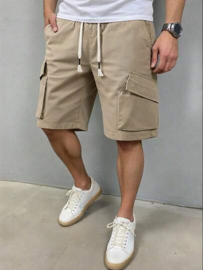 1pc Men's Lightweight Outdoor Shorts, With Drawstring Waist, Multiple Pockets Including Slant Pockets And Large Flap Pockets, 5-Inch Cargo Shorts Style, Solid Color, Polyester Fabric, Suitable For Outdoor Hiking, Running, Camping And Daily Wear