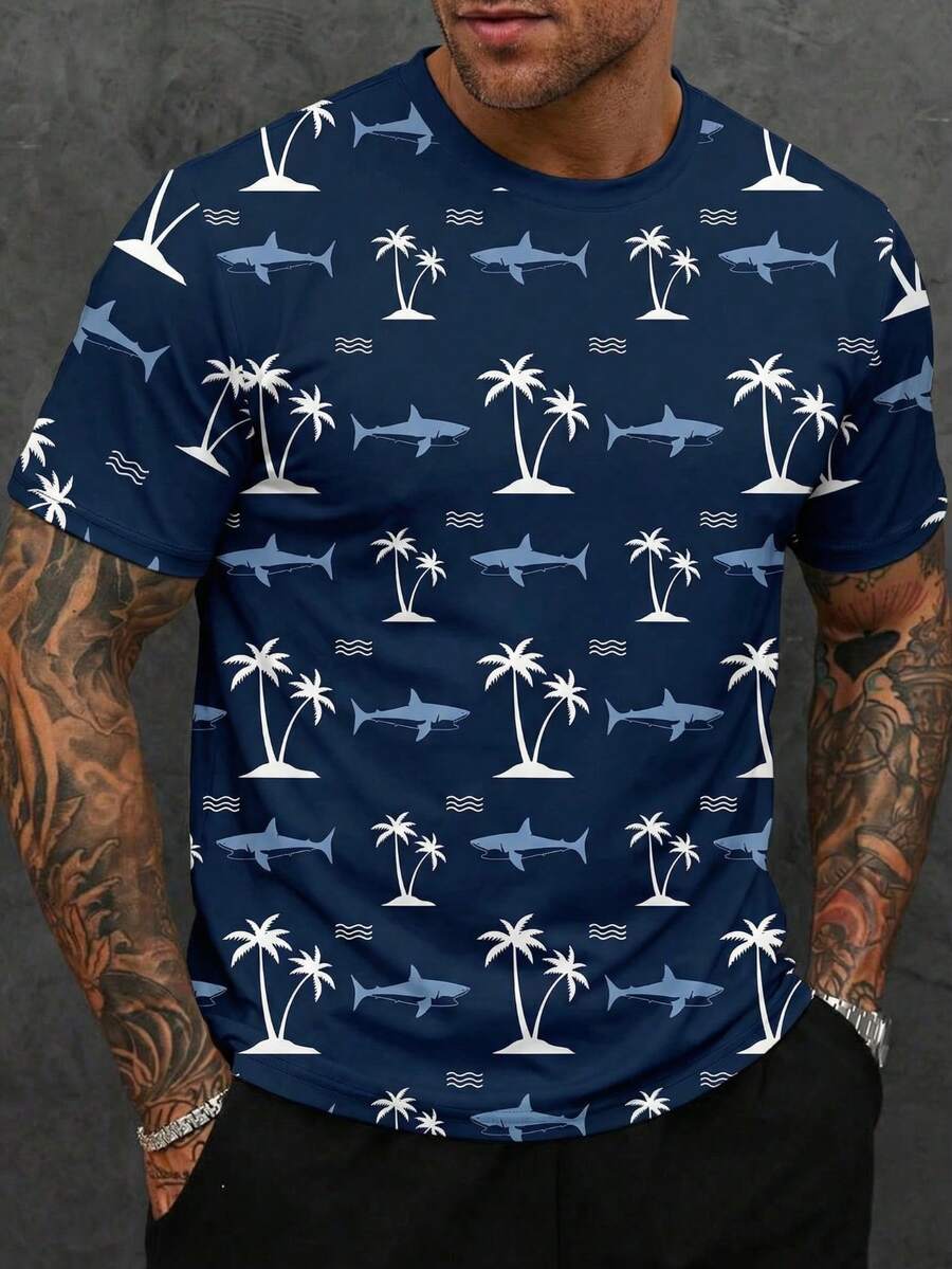 Men's Coconut Tree & Shark All-Over Print Drop Shoulder Short Sleeve T-Shirt, Suitable For Summer - Multicolor - View 1