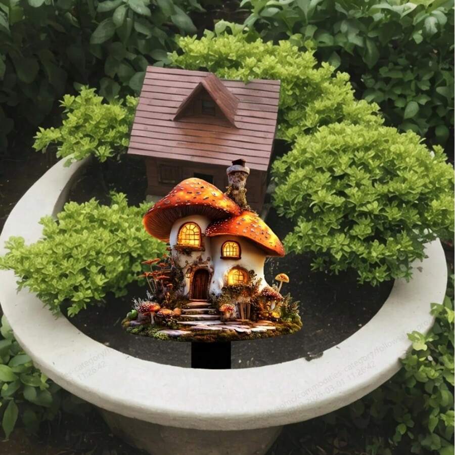 A Very Beautiful 2D Acrylic Mushroom House Garden Stake, Paired With A Perfect Flowerpot Landscape - A - View 1