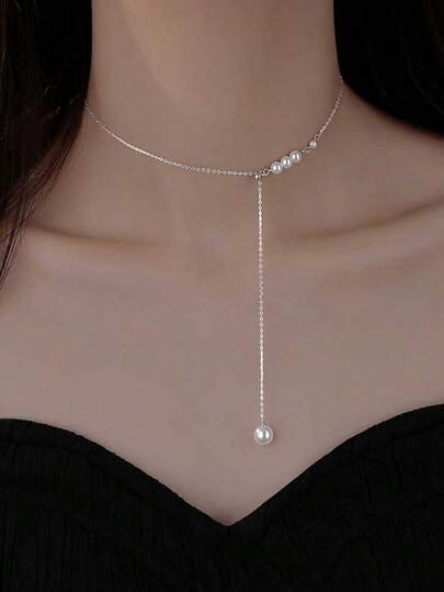 1pc S925 Sterling Silver Elegant Minimalist Adjustable Pearl Necklace, Suitable For Women's Party And Formal Occasions