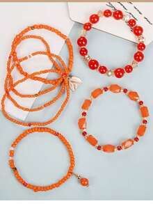 4件套女士串珠手链 - 橘色 - 查看 4