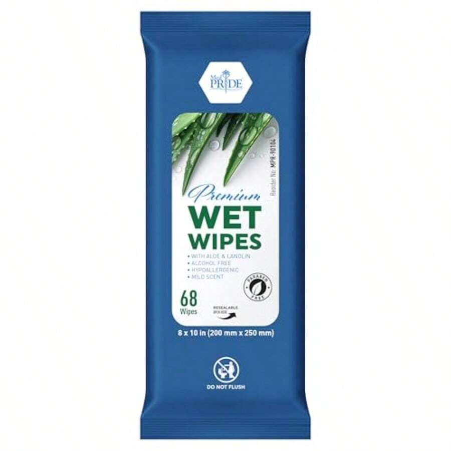 MED PRIDE Premium Wet Wipes 68 Extra Large 8"X10" Body Wipes With Aloe And Lanolin Alcohol-Free Hypoallergenic Mild Scented Wet Wipes For Adults And Seniors Pack Of 68 Wipes - 68片裝濕紙巾 - 查看 1