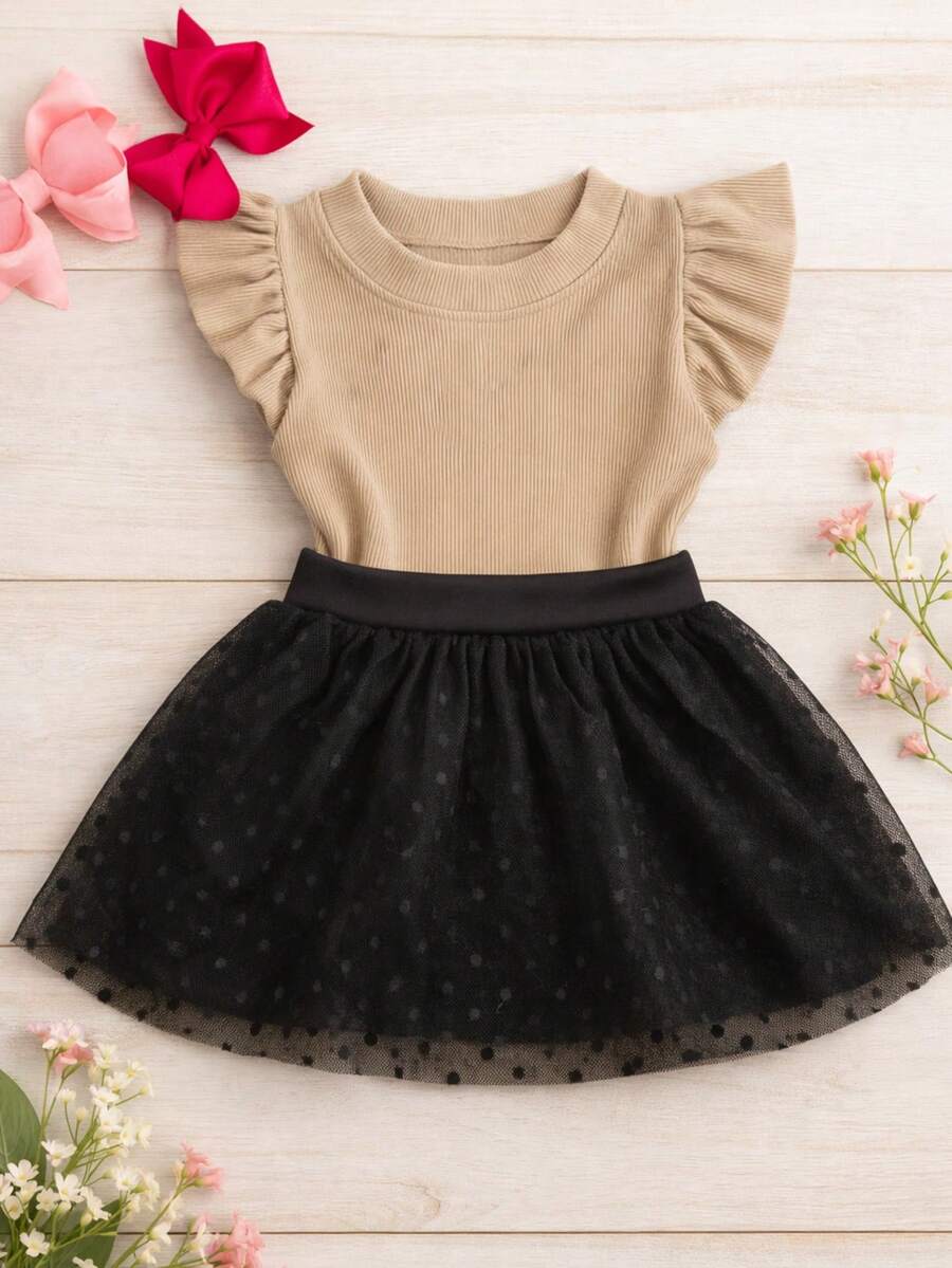 Girls' Outfit Set: Tulle Shorts Skirt With Ruffle And Cropped Top With Ruffled Frills, Pleated, Spring And Summer CJI043 - Black and Nude - View 1